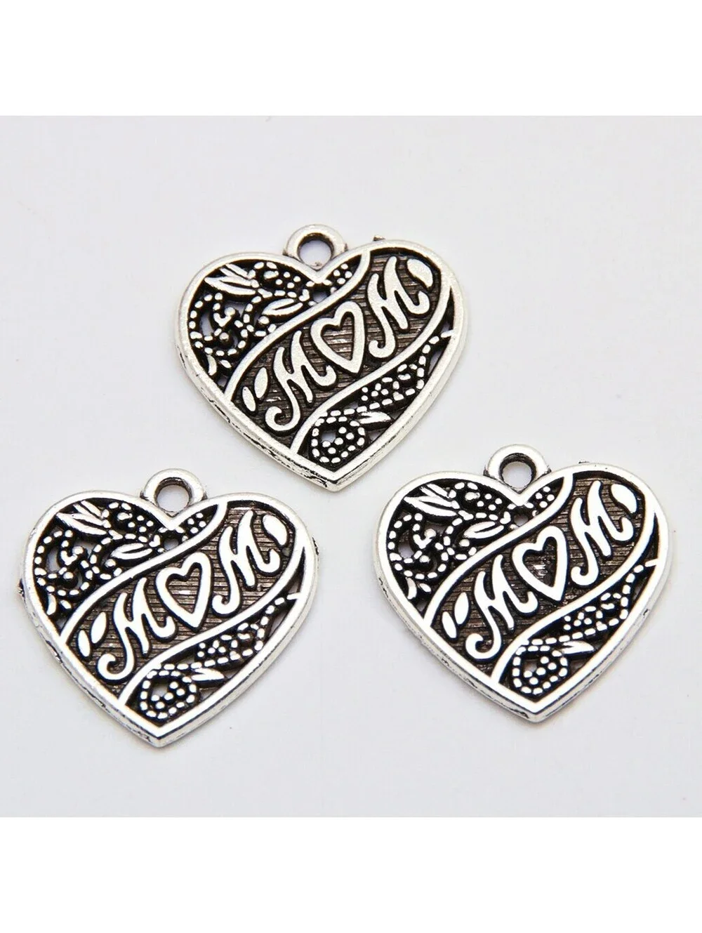 Antique Silver Plated Art Nouveau Mom Heart Charms Pendants 2 pcs